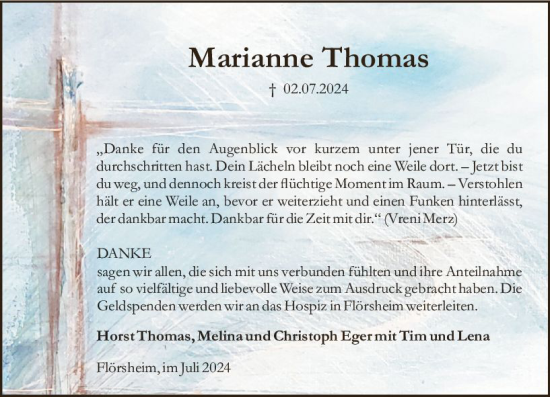 Traueranzeige von Marianne Thomas von Rüsselsheimer Echo