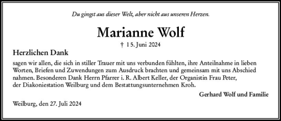 Traueranzeige von Marianne Wolf von Weilburger Tageblatt