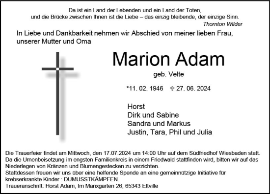Traueranzeige von Marion Adam von Wiesbadener Kurier