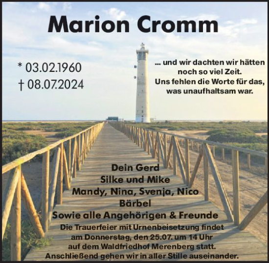 Traueranzeige von Marion Cromm von Weilburger Tageblatt