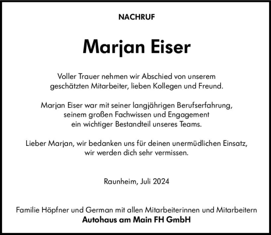 Traueranzeige von Marjan Eiser von Rüsselsheimer Echo