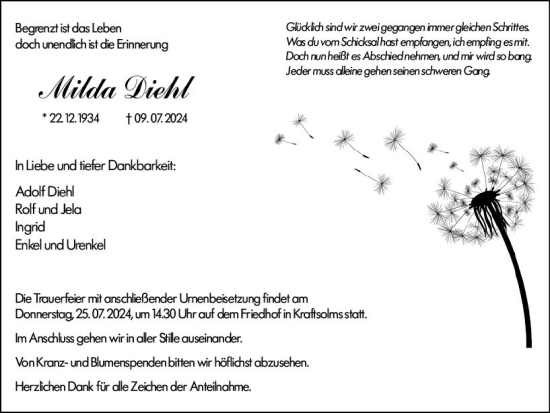 Traueranzeige von Milda Diehl von Wetzlarer Neue Zeitung