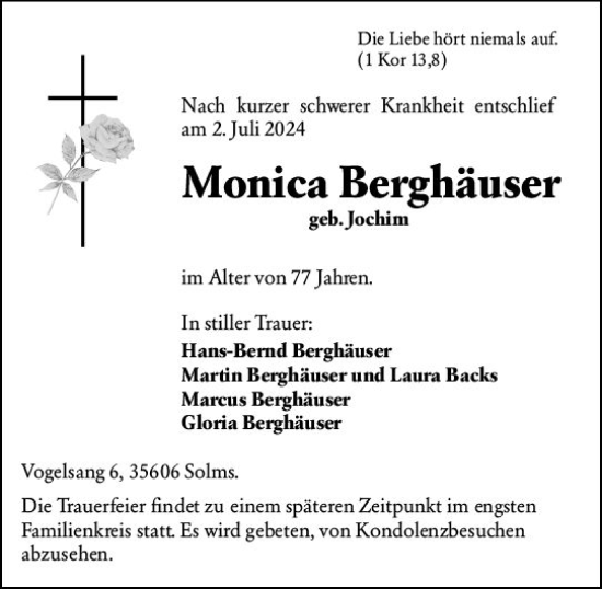 Traueranzeige von Monica Berghäuser von Wetzlarer Neue Zeitung