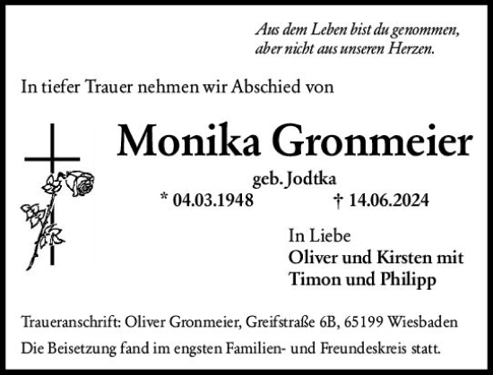 Traueranzeige von Monika Gronmeier von Rheingau Kurier