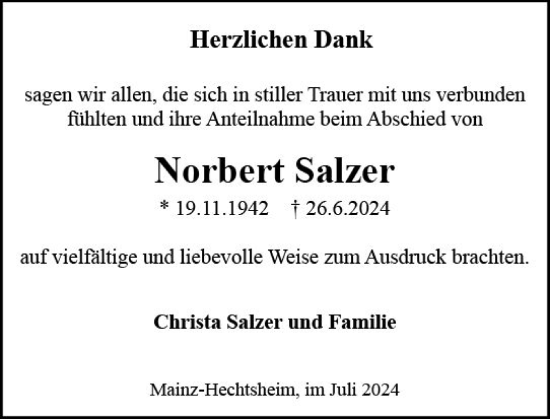 Traueranzeige von Norbert Salzer von Allgemeine Zeitung Mainz