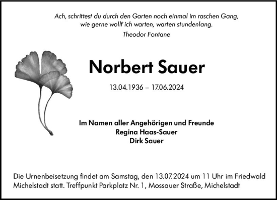 Traueranzeige von Norbert Sauer von Odenwälder Echo