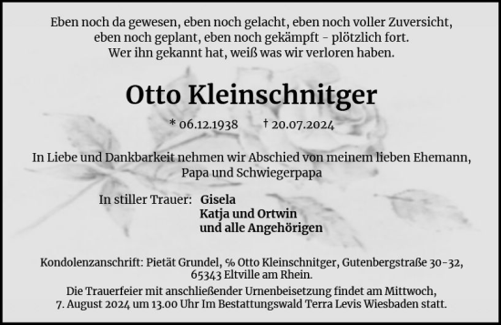 Traueranzeige von Otto Kleinschnitger von Rheingau Kurier