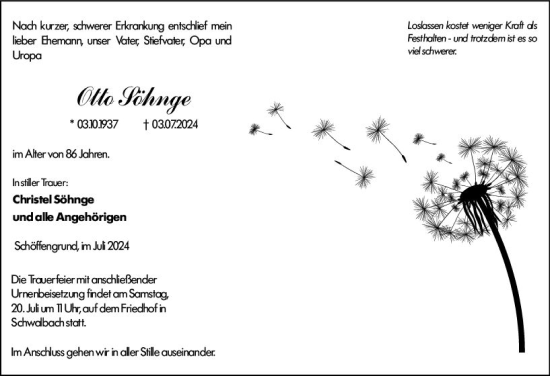 Traueranzeige von Otto Söhnge von Wetzlarer Neue Zeitung