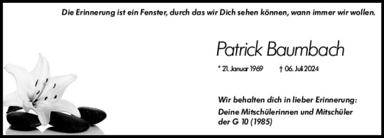 Traueranzeige von Patrick Baumbach von Weilburger Tageblatt