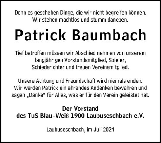 Traueranzeige von Patrick Baumbach von Weilburger Tageblatt