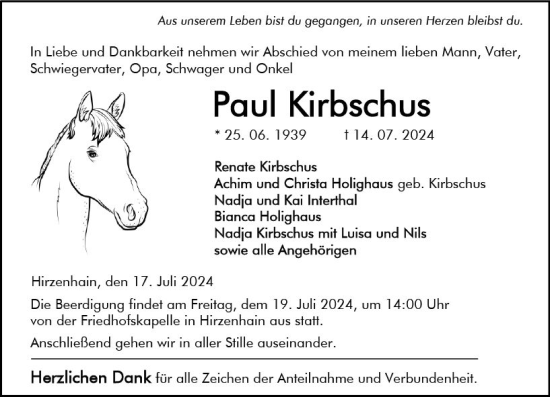 Traueranzeige von Paul Kirbschus von Dill Block