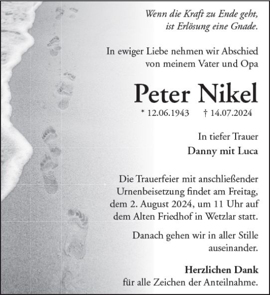 Traueranzeige von Peter Nikel von Wetzlarer Neue Zeitung
