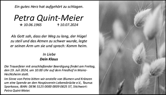 Traueranzeige von Petra Quint-Meier von Allgemeine Zeitung Mainz
