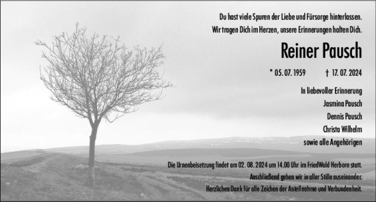 Traueranzeige von Reiner Pausch von Wetzlarer Neue Zeitung