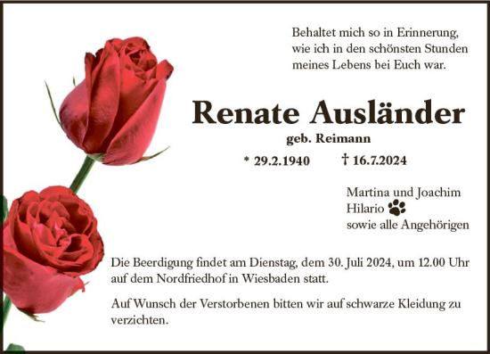 Traueranzeige von Renate Ausländer von Wiesbadener Kurier