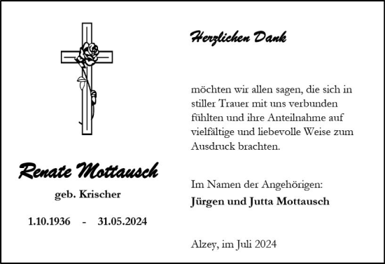 Traueranzeige von Renate Mottausch von Allgemeine Zeitung Alzey