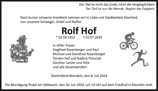 Traueranzeige von Rolf Hof von Dill Block