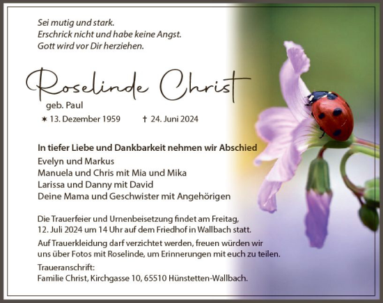 Traueranzeige von Roselinde Christ von Idsteiner Land/Untertaunus