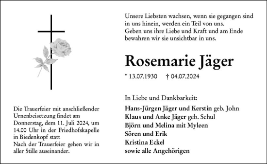 Traueranzeige von Rosemarie Jäger von Hinterländer Anzeiger