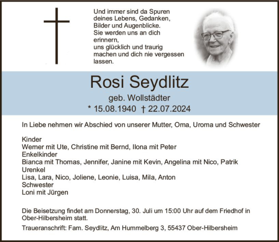 Traueranzeige von Rosi Seydlitz von Allgemeine Zeitung Mainz