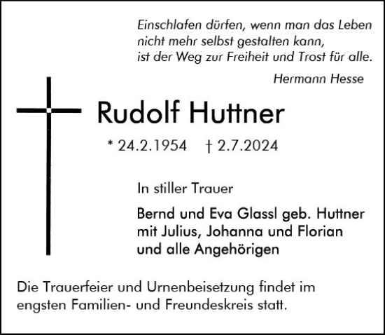 Traueranzeige von Rudolf Huttner von Wiesbadener Kurier