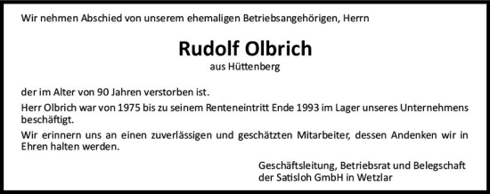Traueranzeige von Rudolf Olbrich von Wetzlarer Neue Zeitung