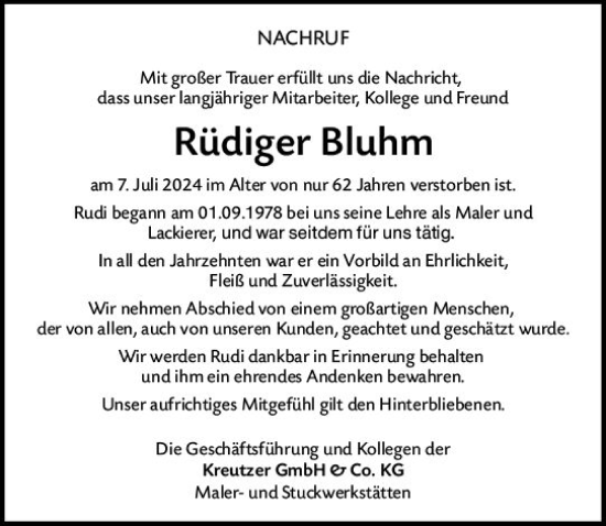 Traueranzeige von Rüdiger Bluhm von Wiesbadener Kurier
