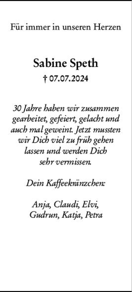 Traueranzeige von Sabine Speth von Camberger Anzeiger