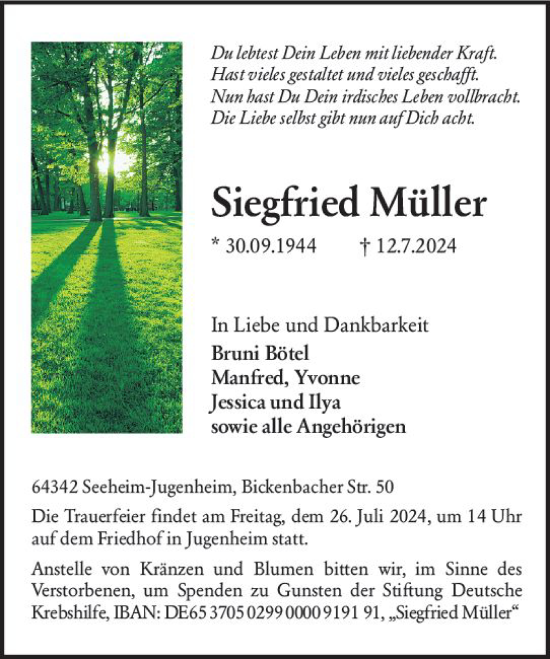 Traueranzeige von Siegfried Müller von Darmstädter Echo