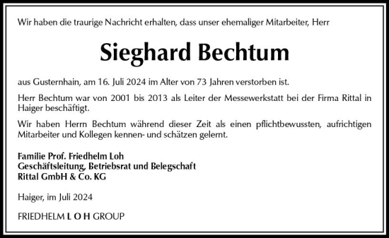 Traueranzeige von Sieghard Bechtum von Dill Block