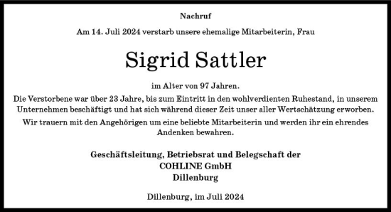 Traueranzeige von Sigrid Sattler von Dill Block