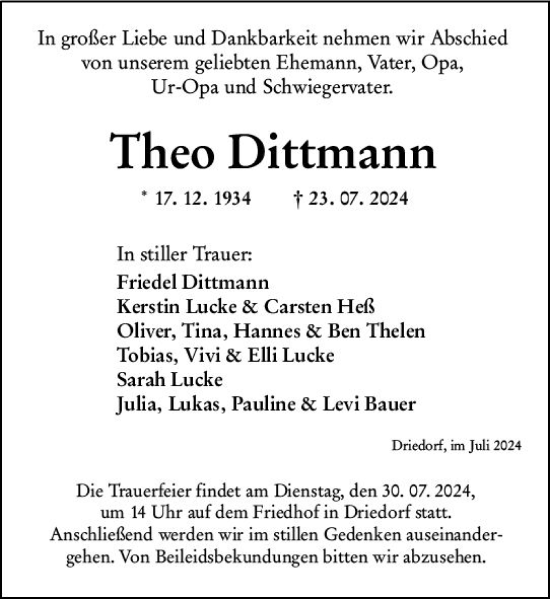 Traueranzeige von Theo Dittmann von Dill Block