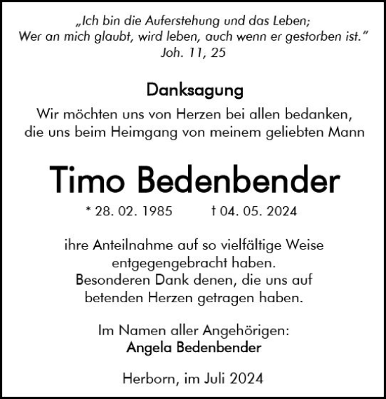 Traueranzeige von Timo Bedenbender von Dill Block