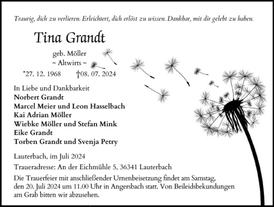 Traueranzeige von Tina Grandt von Wetzlarer Neue Zeitung