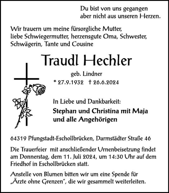 Traueranzeige von Traudl Hechler von Darmstädter Echo