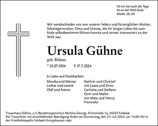 Traueranzeige von Ursula Gühne von Hinterländer Anzeiger