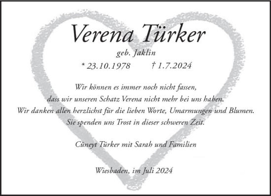 Traueranzeige von Verena Türker von Wiesbadener Kurier