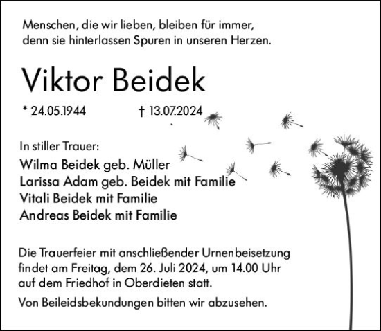 Traueranzeige von Viktor Beidek von Hinterländer Anzeiger
