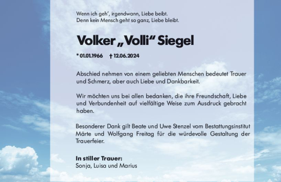 Traueranzeige von Volker Siegel von Hinterländer Anzeiger