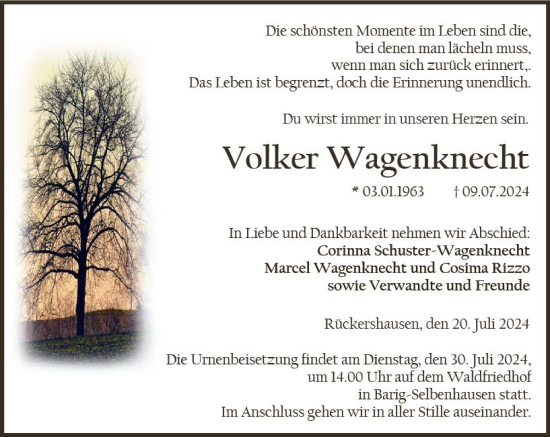 Traueranzeige von Volker Wagenknecht von Weilburger Tageblatt