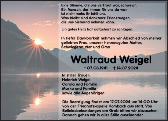 Traueranzeige von Waltraud Weigel von Hinterländer Anzeiger