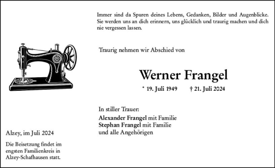 Traueranzeige von Werner Frangel von Allgemeine Zeitung Alzey