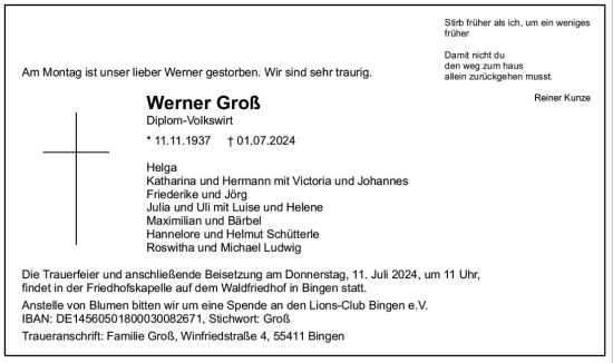 Traueranzeige von Werner Groß von Allgemeine Zeitung Rheinhessen-Nahe