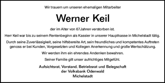 Traueranzeige von Werner Keil von Odenwälder Echo