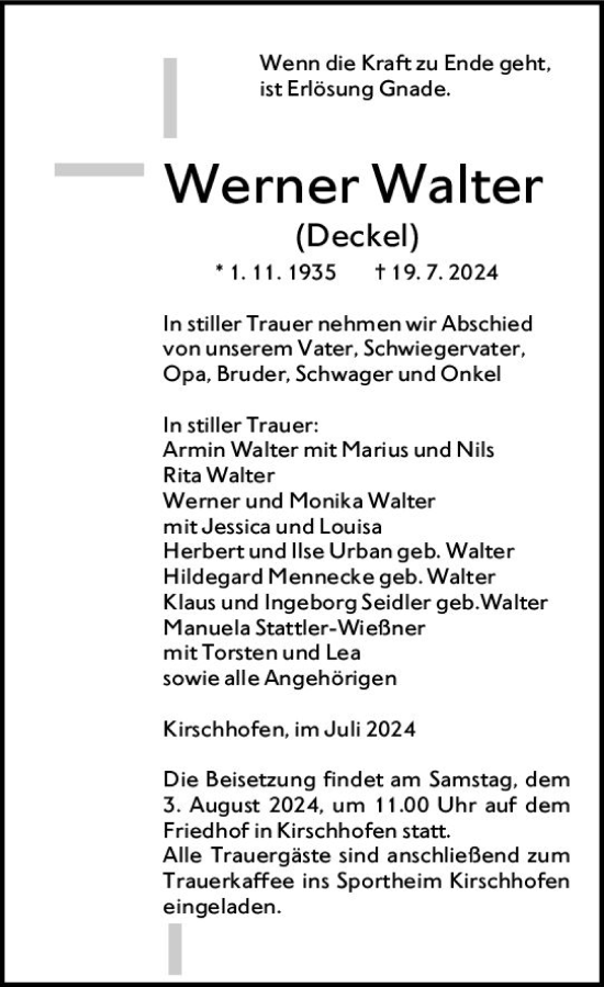 Traueranzeige von Werner Walter von Weilburger Tageblatt