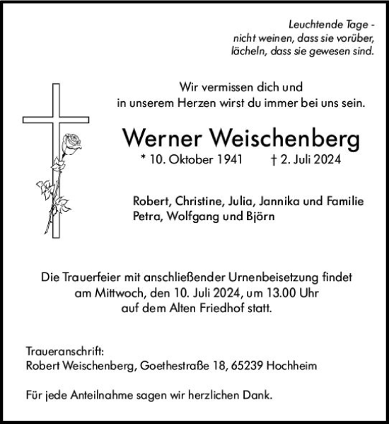 Traueranzeige von Werner Weischenberg von Hochheimer Zeitung