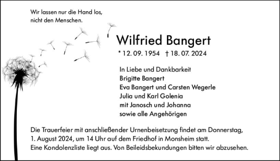 Traueranzeige von Wilfried Bangert von Wormser Zeitung