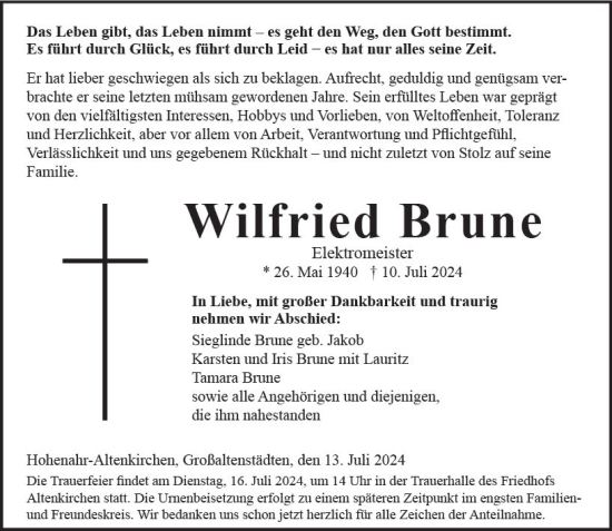 Traueranzeige von Wilfried Brune von Wetzlarer Neue Zeitung