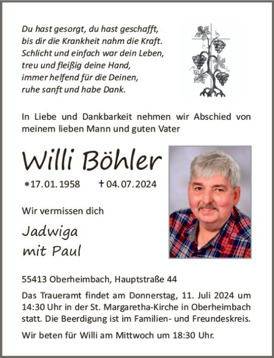 Traueranzeige von Willi Böhler von Allgemeine Zeitung Rheinhessen-Nahe