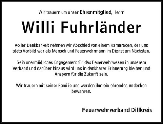 Traueranzeige von Willi Fuhrländer von Dill Block